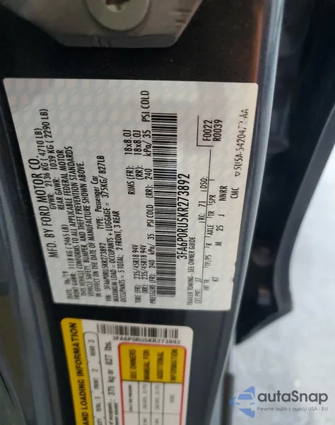 2019 Ford Fusion Titanium from USA, damaged, VIN 3FA6P0RU5KR273892